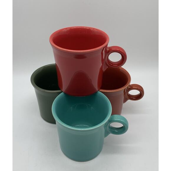 4 Fiesta Ware Coffee Mugs Tom Jerry Ring Handle Homer Laughlin USA Multi Color - Picture 2 of 5